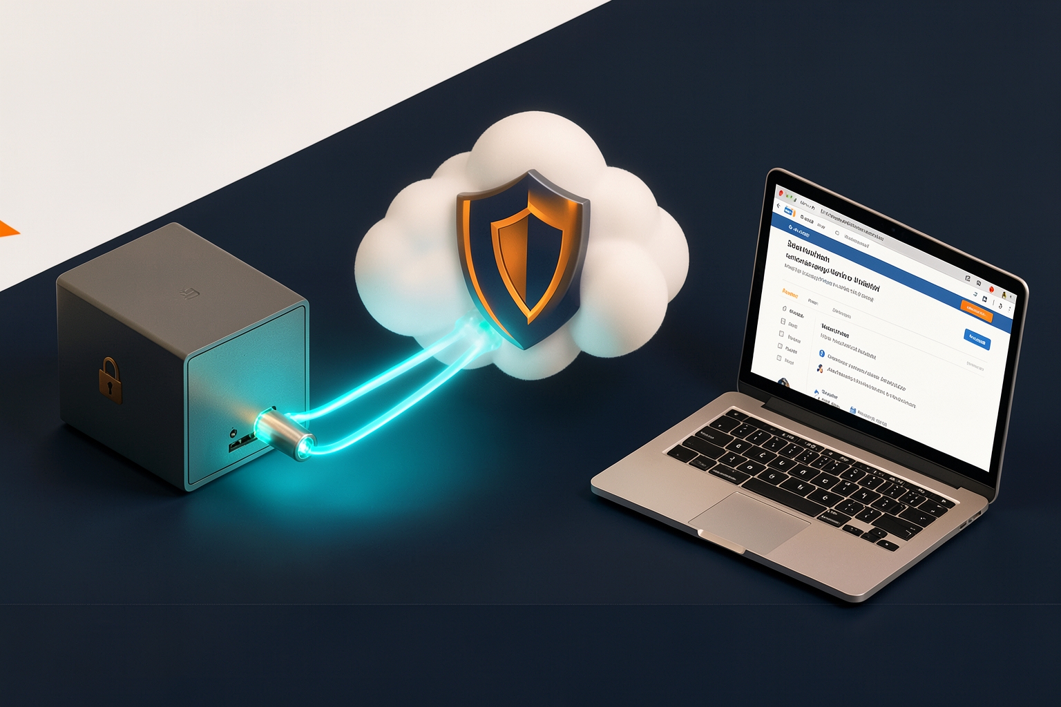 Ilustrasi arsitektur Cloudflare Tunnel: home server terkunci dengan koneksi outbound menuju Cloudflare edge, lalu ke browser pengguna