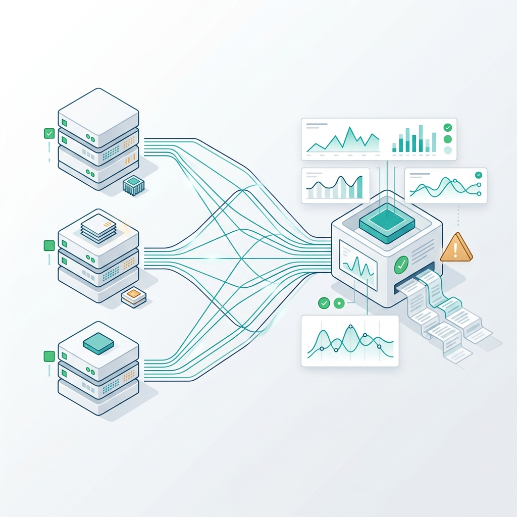 Ilustrasi beberapa server yang mengirim metrik ke satu pusat observability