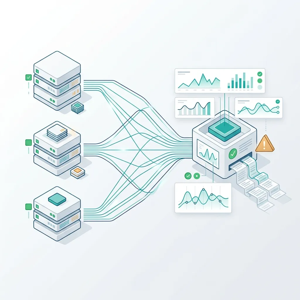 Ilustrasi beberapa server yang mengirim metrik ke satu pusat observability